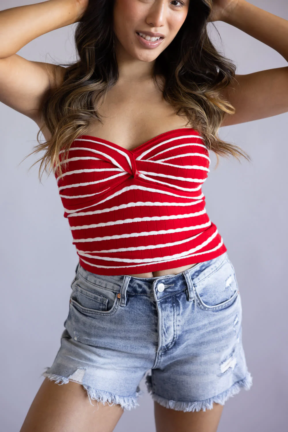 Striped Twist Front Tube Top for Women in Red/White | SWT70000-REDOFFWHITE - Image 2