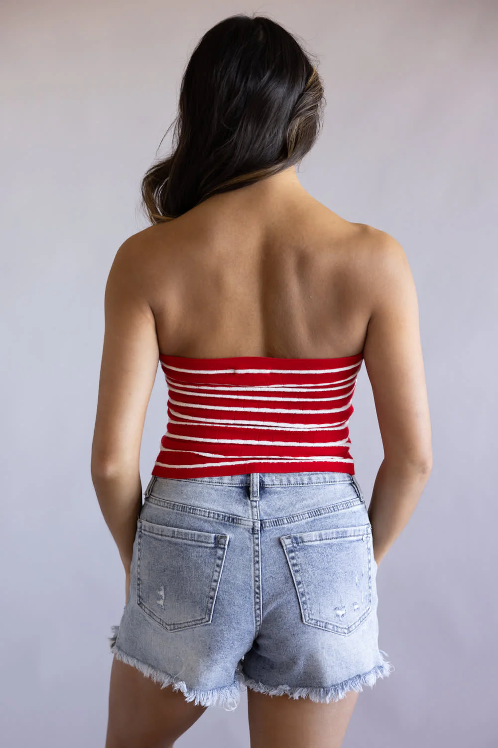 Striped Twist Front Tube Top for Women in Red/White | SWT70000-REDOFFWHITE - Image 3