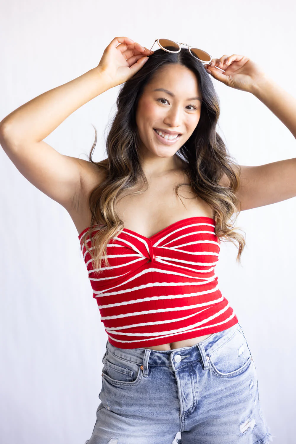 Striped Twist Front Tube Top for Women in Red/White | SWT70000-REDOFFWHITE - Image 4
