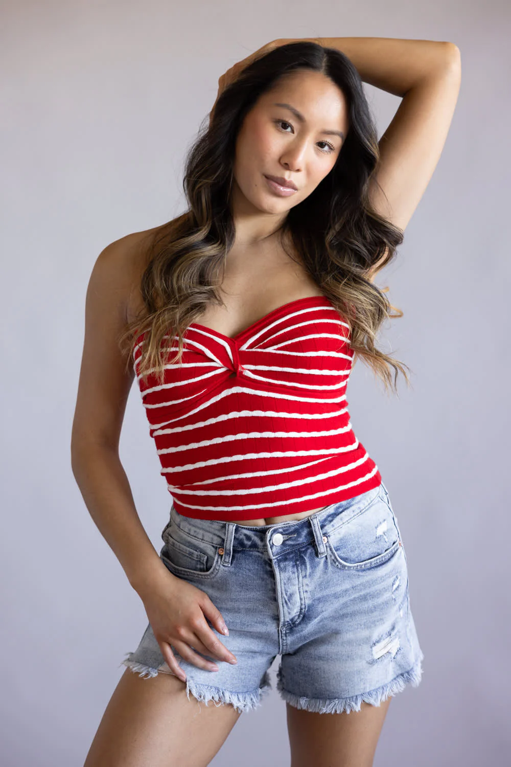 Striped Twist Front Tube Top for Women in Red/White | SWT70000-REDOFFWHITE - Image 5