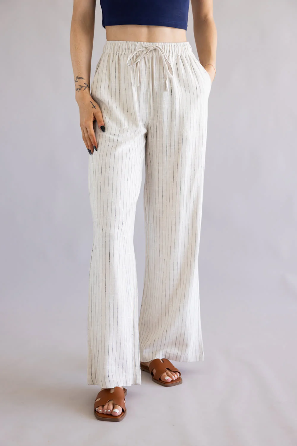 Striped Wide Leg Linen Pants for Women in Off White | 42590-STRIPE