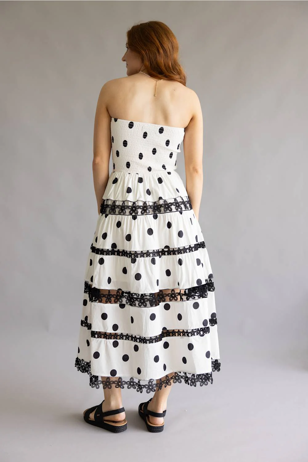 Strut & Bolt Polka Dot Eyelet Strapless Midi Dress for Women in White | D-12094-H-WHTBLK - Image 3