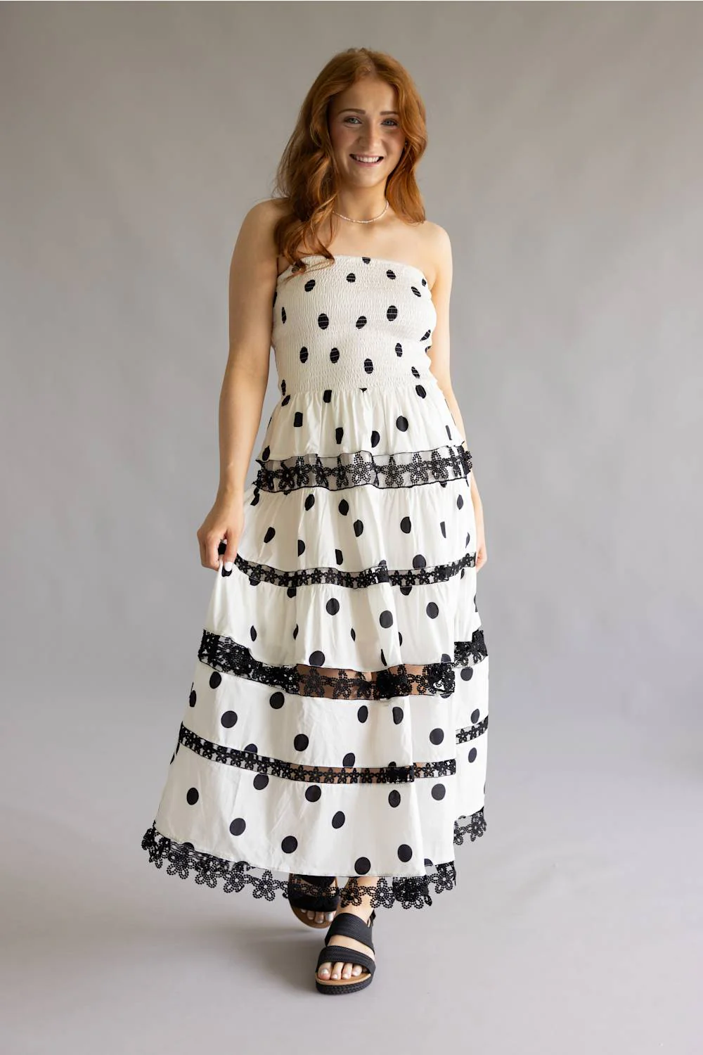 Strut & Bolt Polka Dot Eyelet Strapless Midi Dress for Women in White | D-12094-H-WHTBLK - Image 6