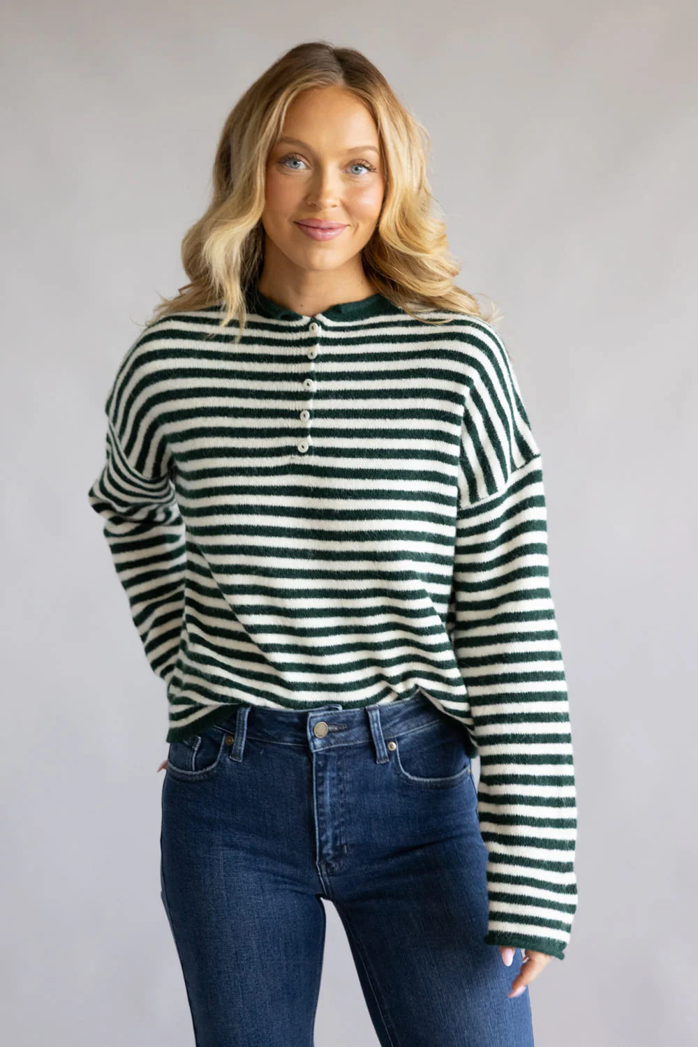 Things Between Piper Henley Shirt for Women in Forest Green Stripe | TBW14174-GRN