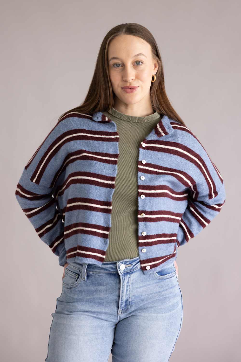Things Between Varsity Striped Piper Cardigan for Women in Blue | TBW14574-BLU - Image 3