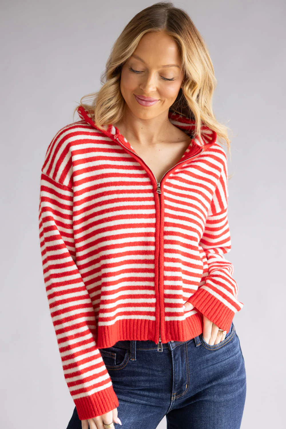 Things Between Striped Full Zip Hooded Cardigan for Women in Red | TBW14111-RED