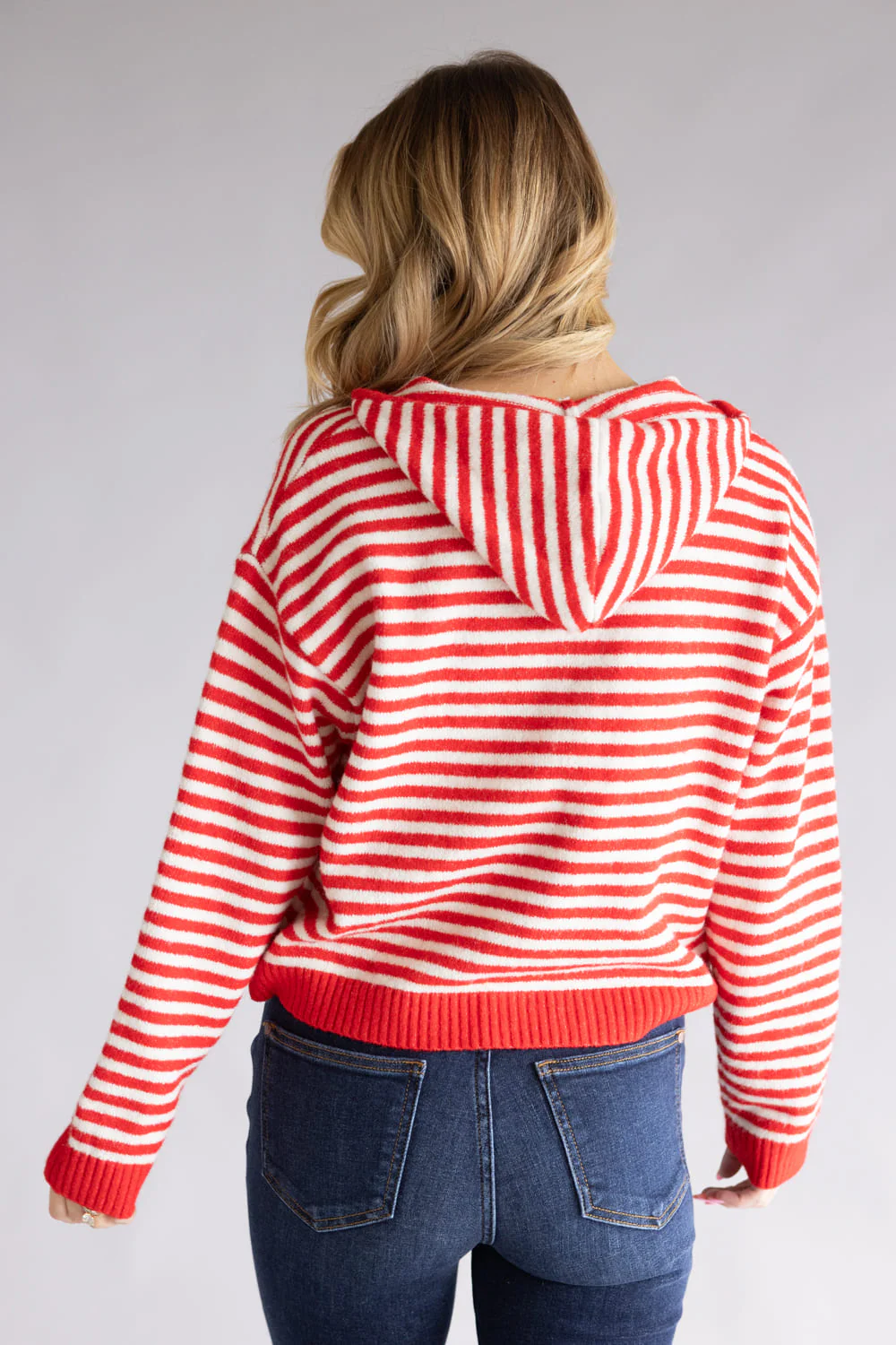 Things Between Striped Full Zip Hooded Cardigan for Women in Red | TBW14111-RED - Image 2