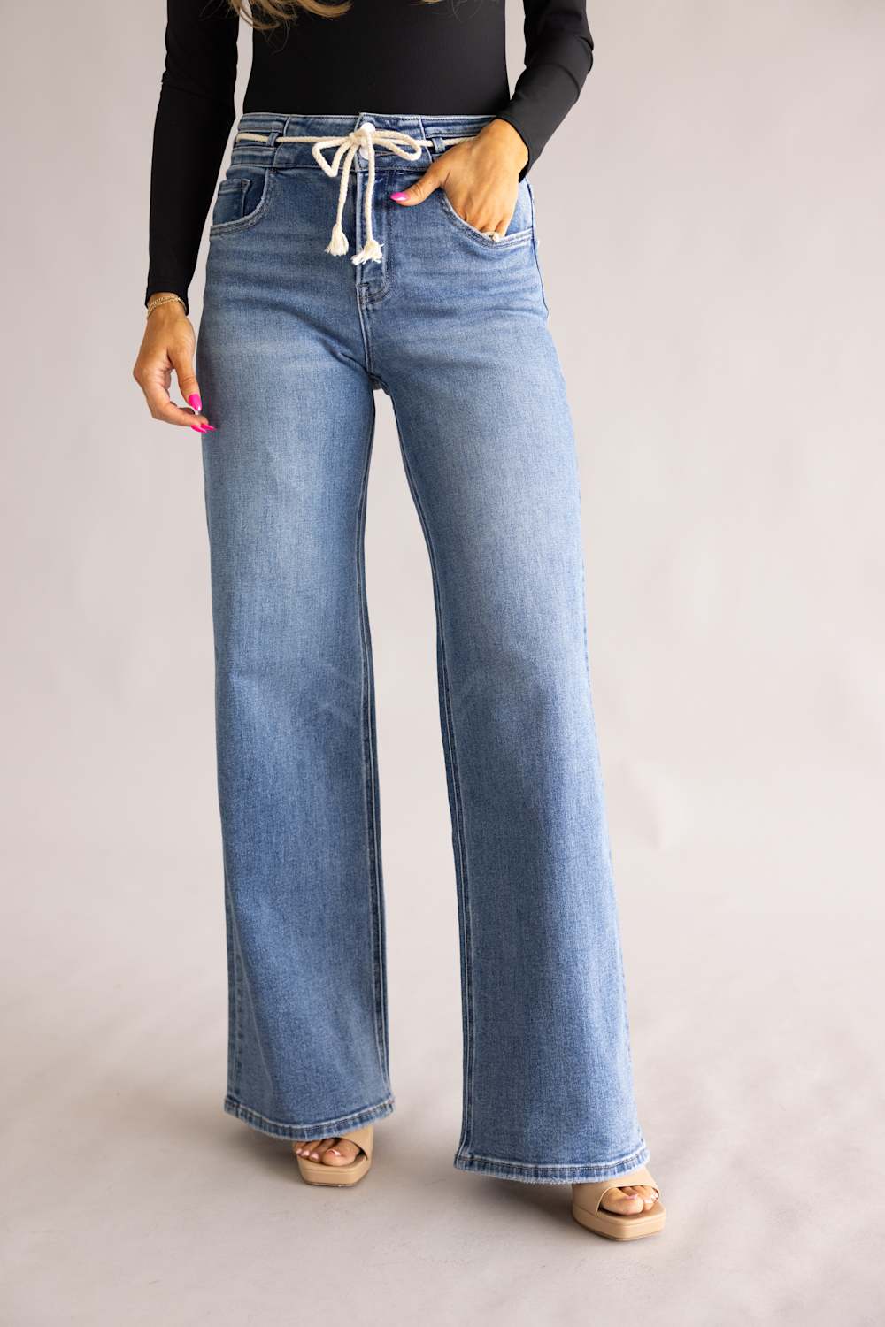 Vervet Humility High-Rise Drawstring Wide Leg Jeans for Women | T7286