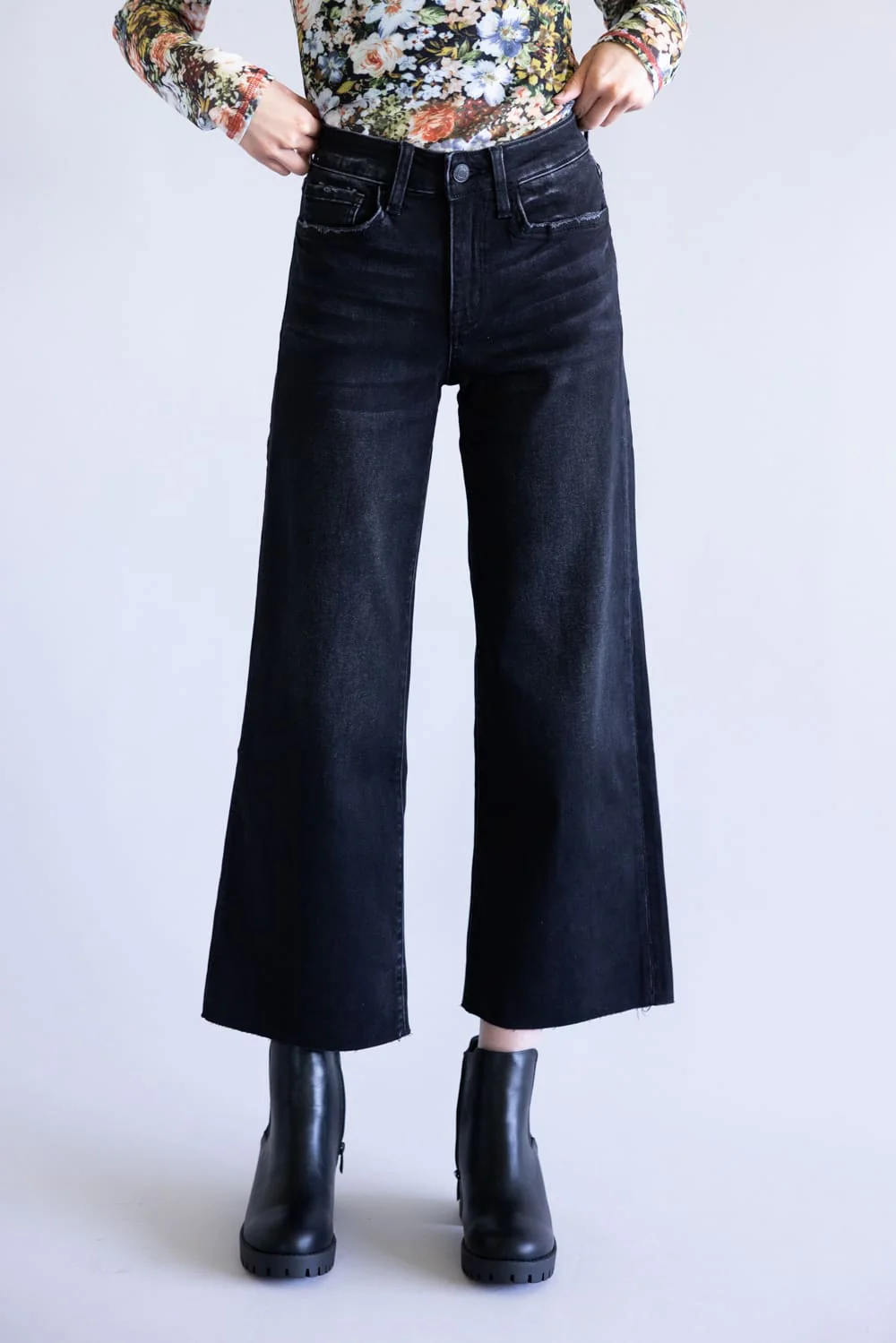 Vervet Super Soft High Rise Wide Crop Black Jeans for Women | V3634BK