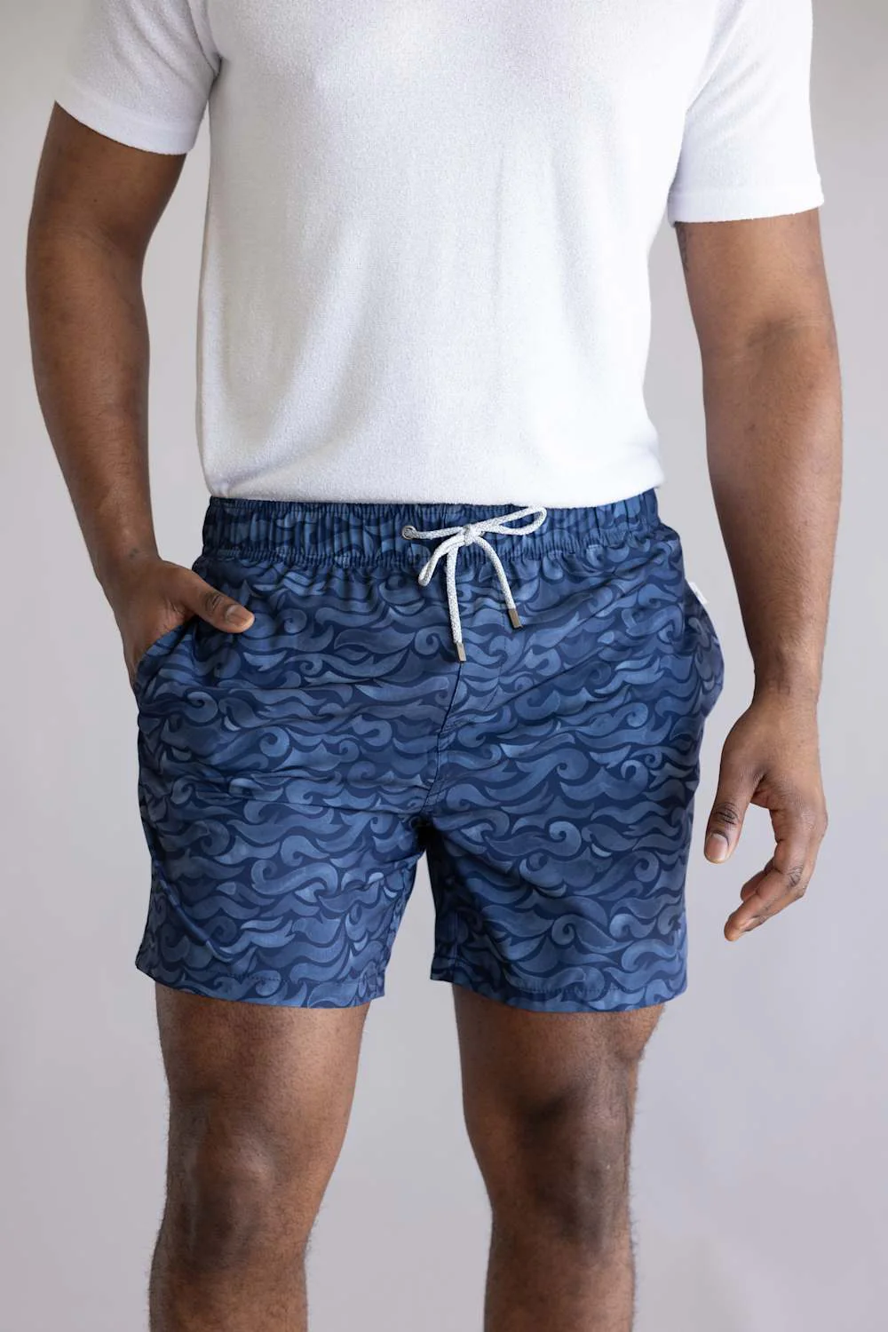 Vintage Summer 4 Way Stretch Volley Shorts for Men in Navy Waves | V70960 NAVY WAVES