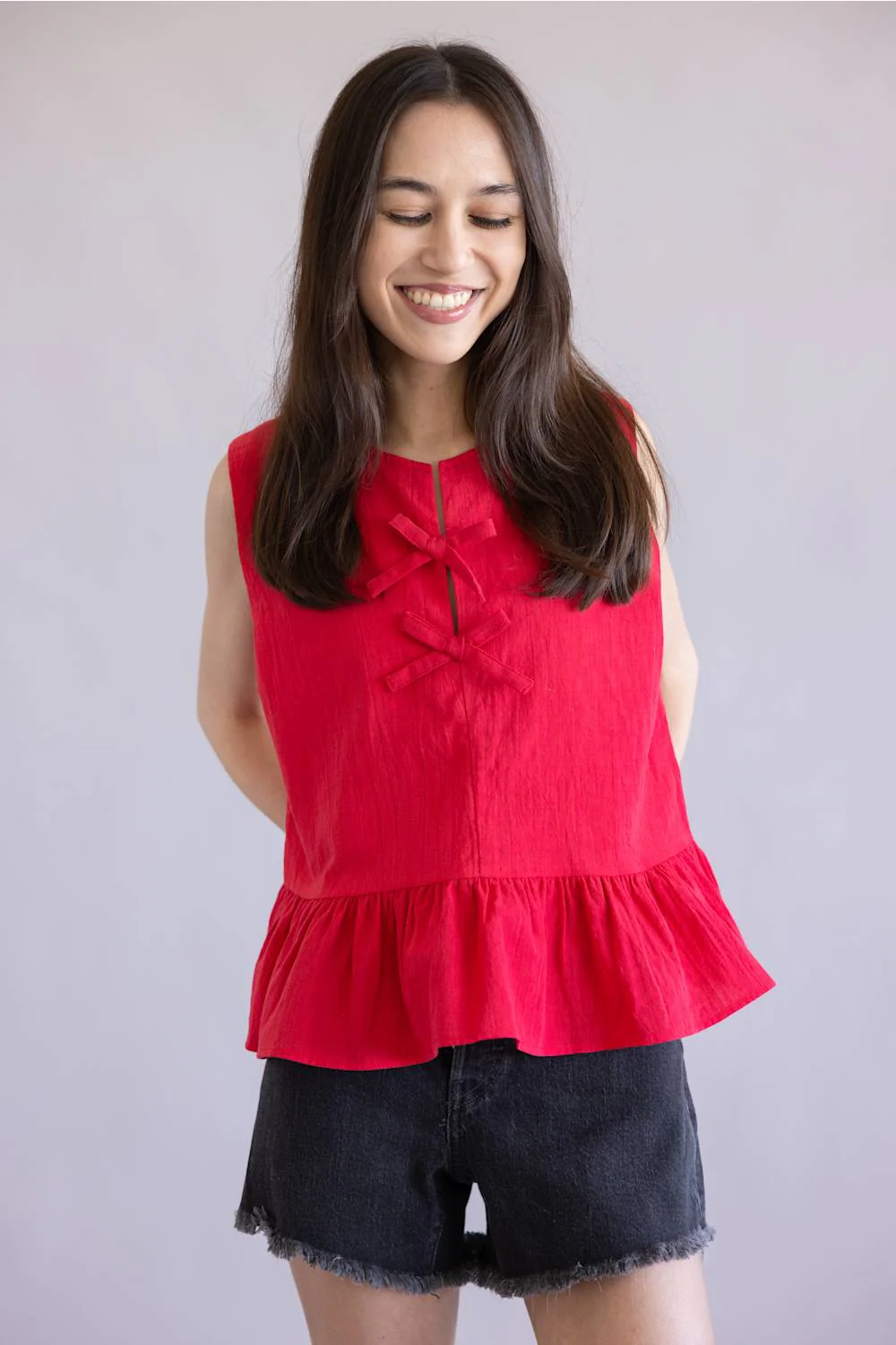 Wishlist Bow Sleeveless Peplum Top for Women in Red | WL25-10680-RED